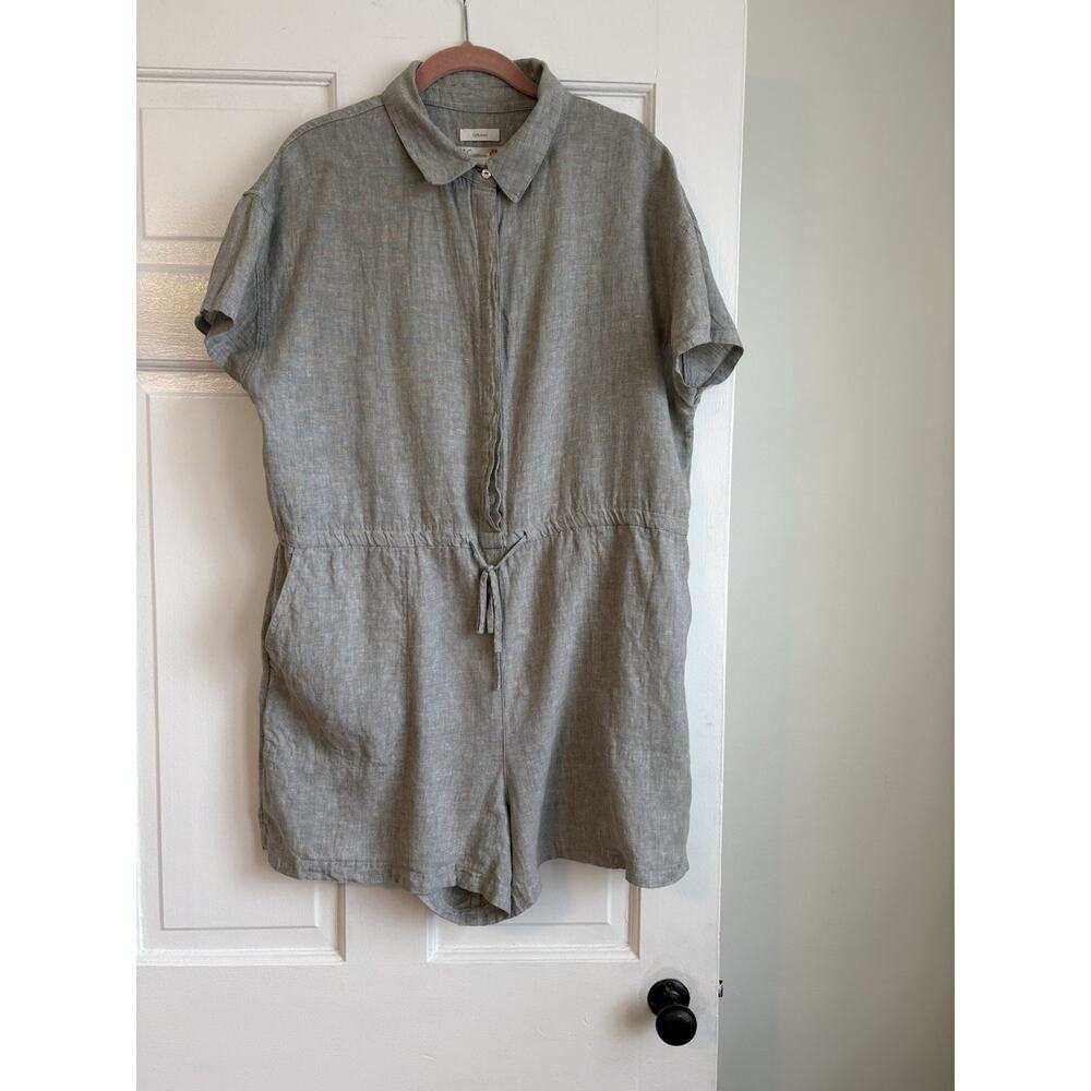 C&C California 100% Linen Collared Short-Sleeve Tie-Waist Romper Cottagecore |XL